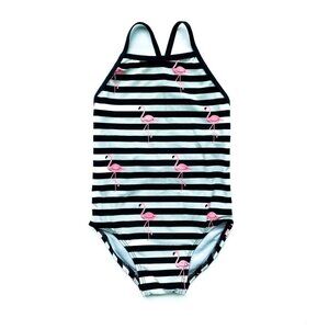 Country Road Black And White Stripe Flamingo Bathing Suit